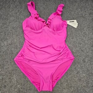DKNY One Piece Swimsuit Womens XL Pink Ruffle Underwire Tummy Control Swimwear
